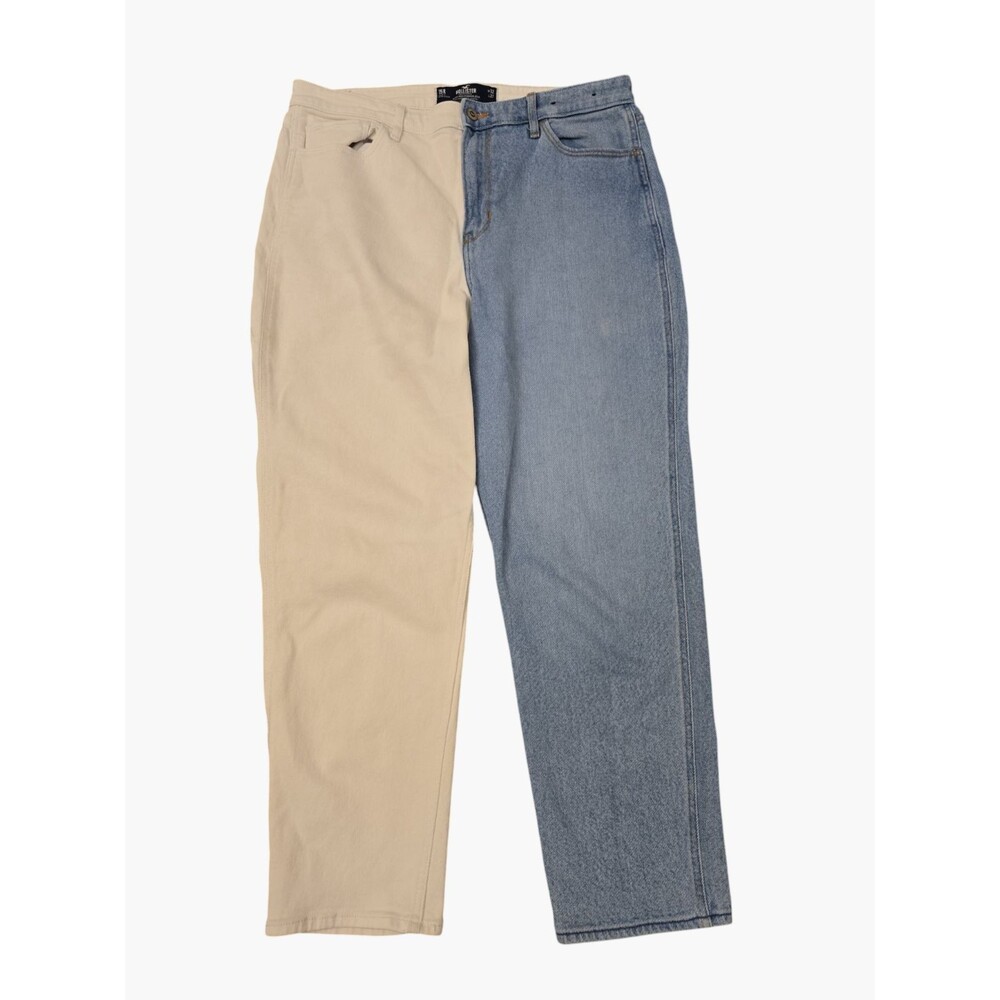 Hollister Jean Ultra High-Rise Mom Two-Tone Split Leg Blue White 15R W32 L27